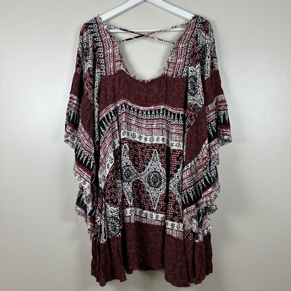 Free People Women's XS Mini Dress Burgundy‎ Mixed Print Boho